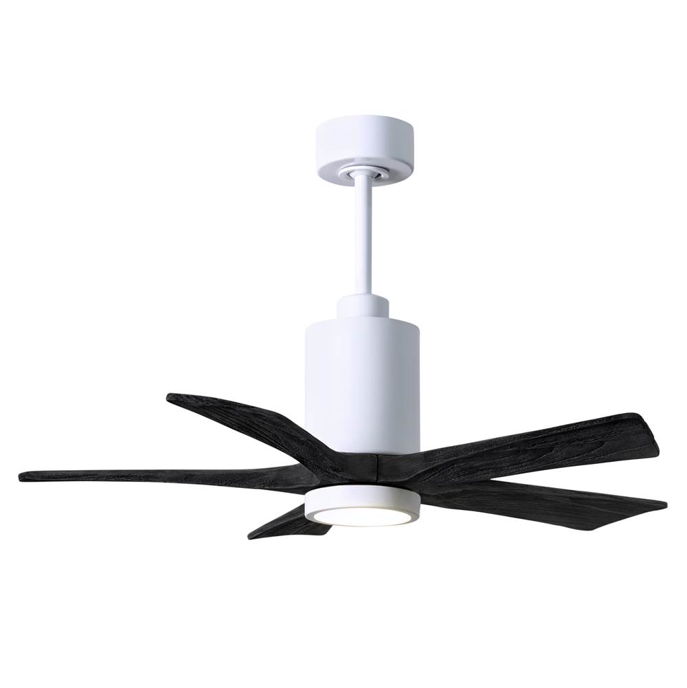 Matthews Fan Company Patricia-5 five-blade ceiling fan in Gloss White finish with 42'' solid matte black wood blades and dimmable LED light kit